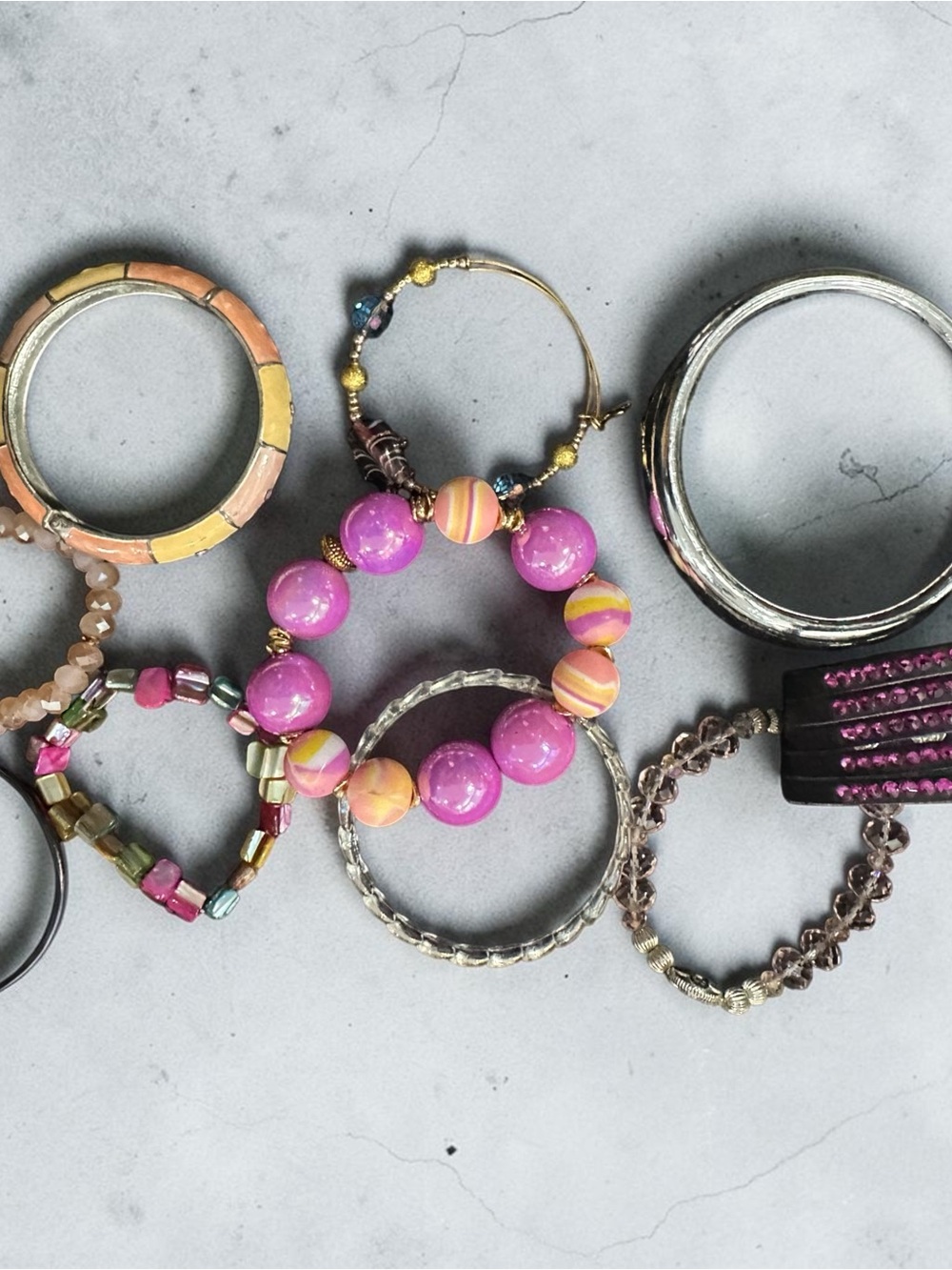 Boho Mixed Media Bracelet Stack • Pink Rhinestone Crystal Beaded Bangle Set - Picture 5 of 5